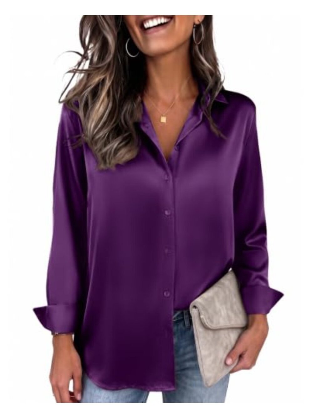 Satin Silk Button Down V Neck Blouse Loose Long Sleeve Office Work Tunic Top